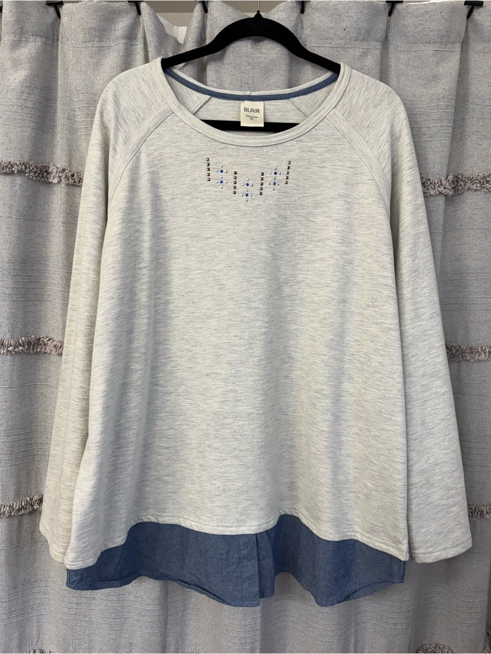 Blair Cream Riveted Top w/Stacked Denim Underlay Sleeve w/Button Tab - SIZE XL